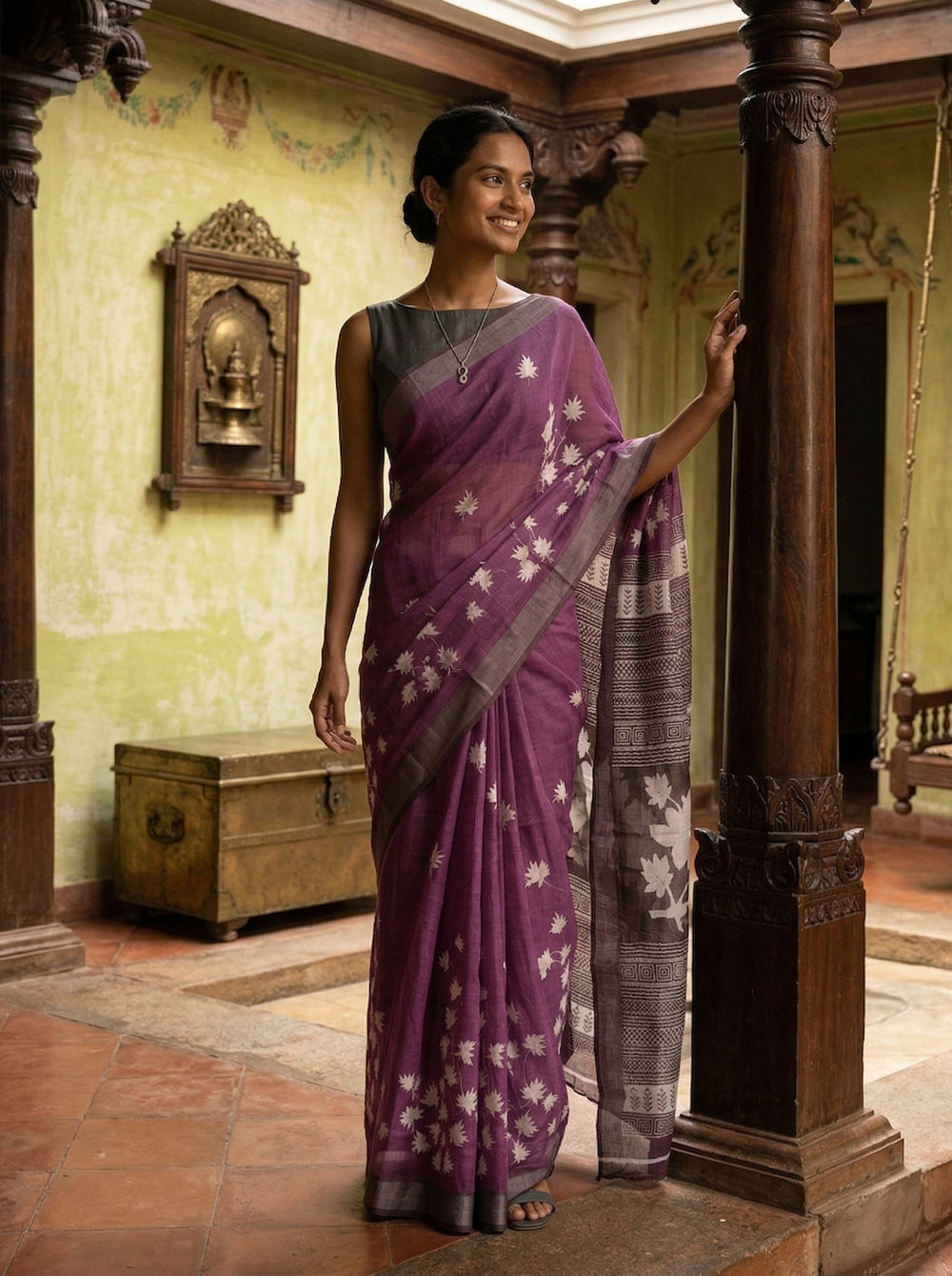 Chanderi Cotton Purple Floral Printed Pattern Saree