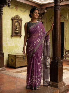 Chanderi Cotton Purple Floral Printed Pattern Saree