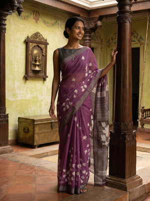Chanderi Cotton Purple Floral Printed Pattern Saree