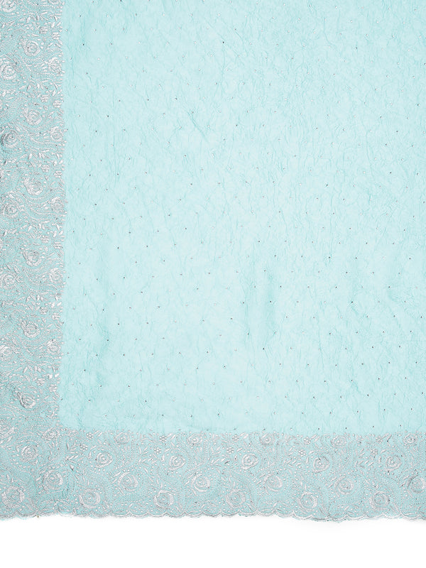 Teal Green Crushed Chiffon Saree With Mini Silver Stones On Body