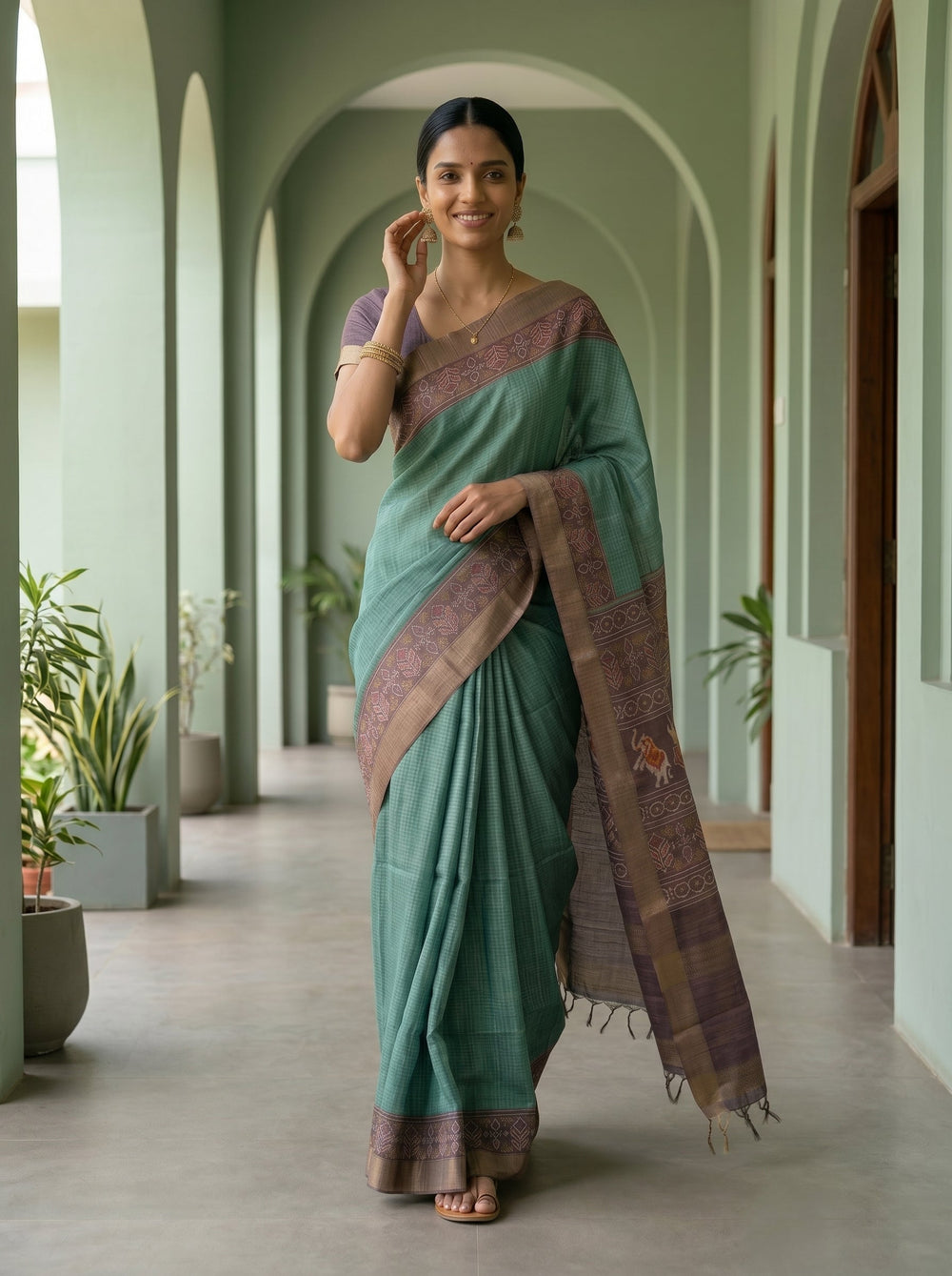 Woman in a green saree with a purple border standing in a hallway with plants.