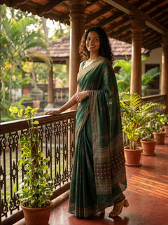 Chanderi Cotton Dark Green Embroidered Saree