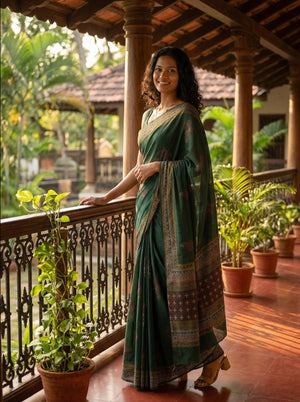 Chanderi Cotton Dark Green Embroidered Saree