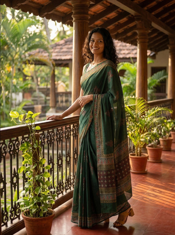 Chanderi Cotton Dark Green Embroidered Saree