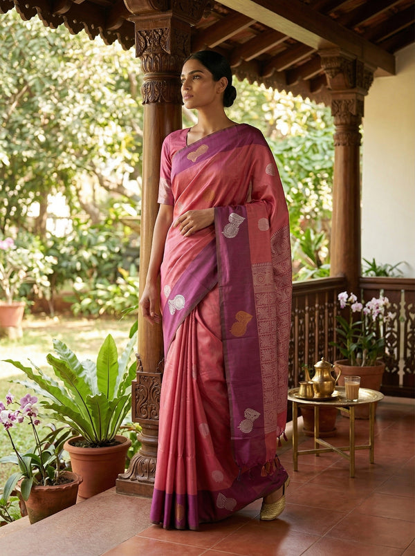 Art Silk Pink Traditional Butta Design Saree with Woven Border