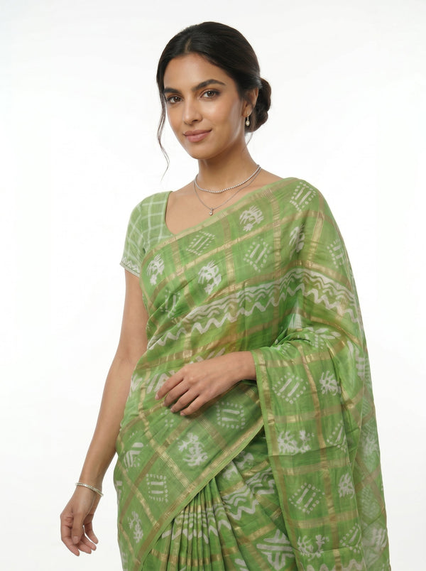 Chanderi Cotton Parrot Green Check Pattern Printed Saree