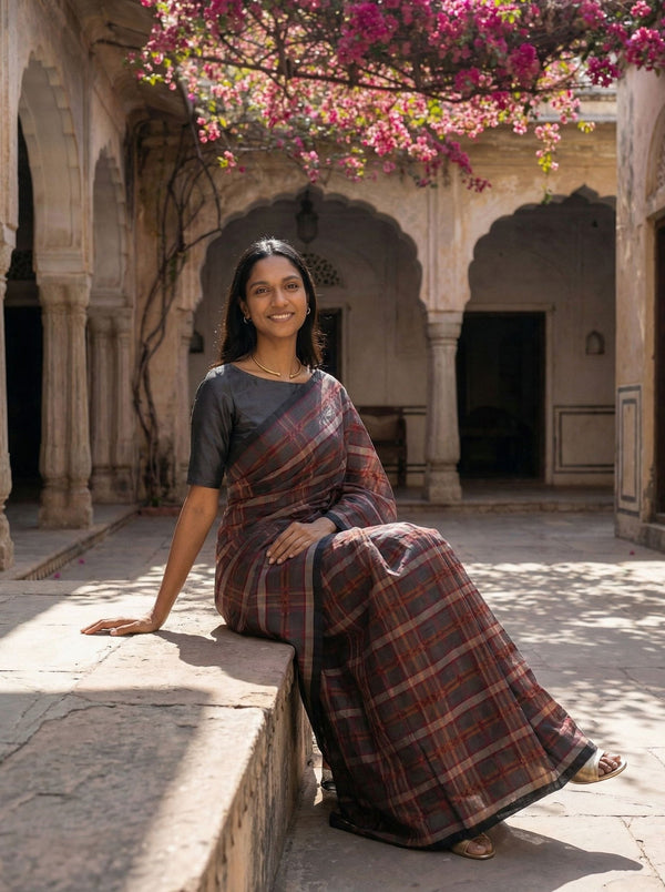 Kanjivaram Pure Silk Grey and Maroon Checked Saree with Mustard Zari Border