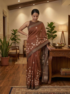 Chanderi Cotton Brown Floral Printed Pattern Saree