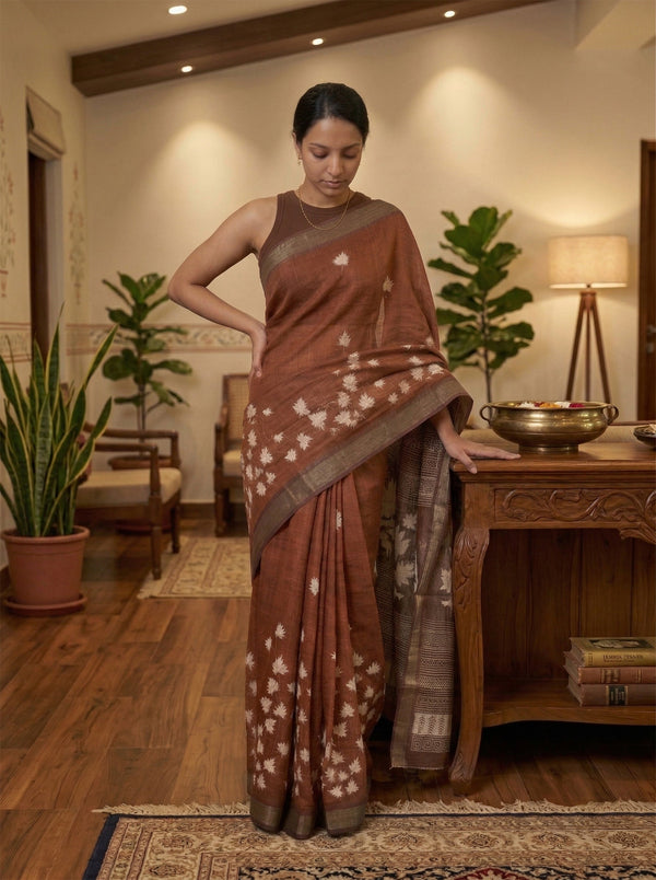 Chanderi Cotton Brown Floral Printed Pattern Saree