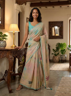Chanderi Cotton Beige Lotus Printed Floral Saree