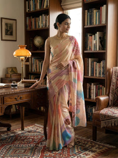Chanderi Cotton Cream Abstract Floral Saree