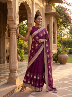 Woman in a purple saree with white patterns standing in an outdoor setting with architectural elements and plants.