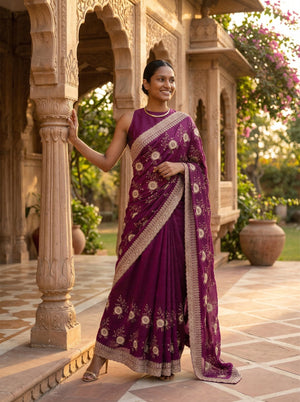 Woman in a purple saree with white patterns standing in an outdoor setting with architectural elements and plants.