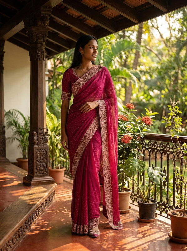 Vijithra Silk Rani Pink Embroidered Saree with Intricate Floral Border Work