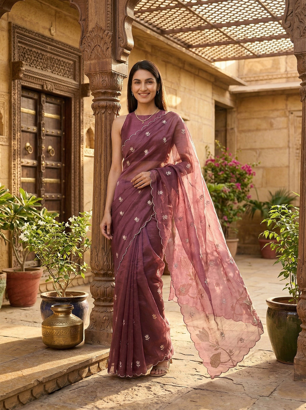 Woman in a traditional saree standing in an outdoor setting with architectural elements and plants.