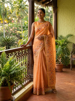 Chanderi Cotton Peach Botanical Print Saree