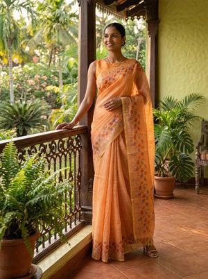 Chanderi Cotton Peach Botanical Print Saree
