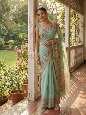 Linen Mint Green Floral Print Saree