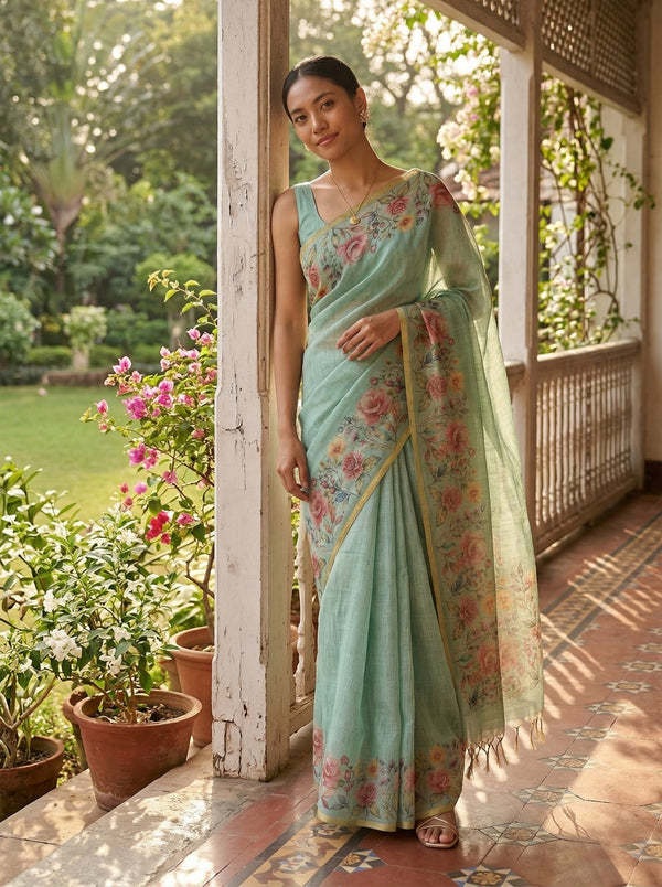 Linen Mint Green Floral Print Saree