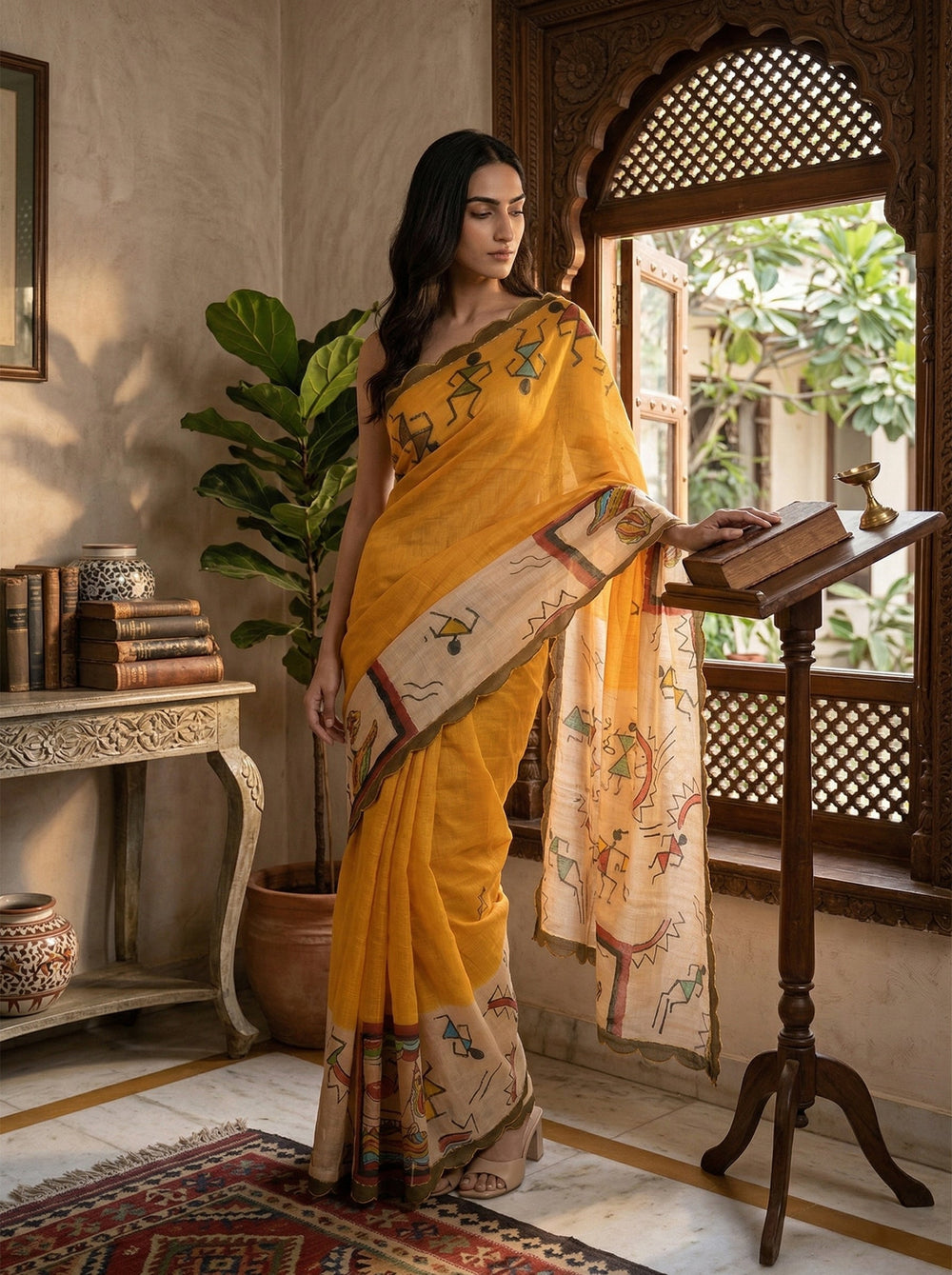 Woman in a yellow saree with intricate patterns standing in a room with decorative elements.
