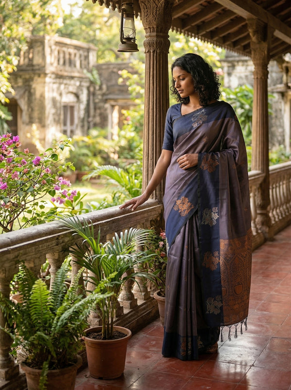 Art Silk Blue Saree with Classic Floral Butta Prints and Designer Pallu