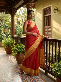 Chanderi Cotton Red Checked Saree With Zari Border