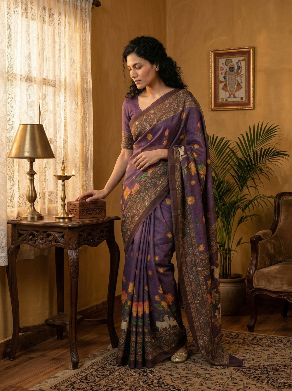 Woman in a traditional saree standing in a room with a lamp, plant, and framed picture.
