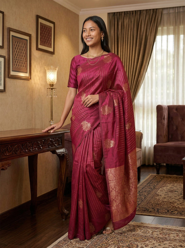 Semi Silk Magenta Pink & Gold Striped Zari Pattern Saree