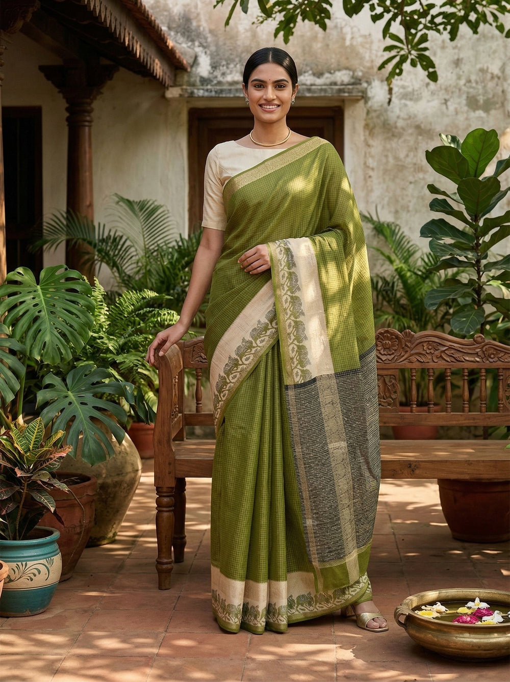 Chanderi Cotton Olive Green And Beige Printed Saree