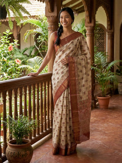 Chanderi Cotton  Beige Floral Butta Printed Saree