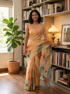 Chanderi Cotton Peach Floral Digital Print Saree