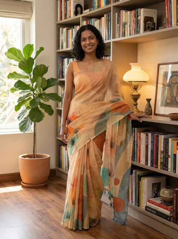 Chanderi Cotton Peach Floral Digital Print Saree