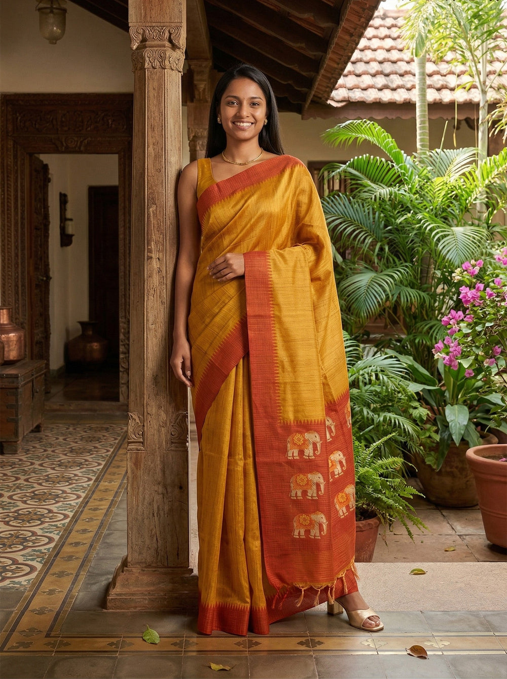 Semi Jute Mustard Elephant Motif Saree