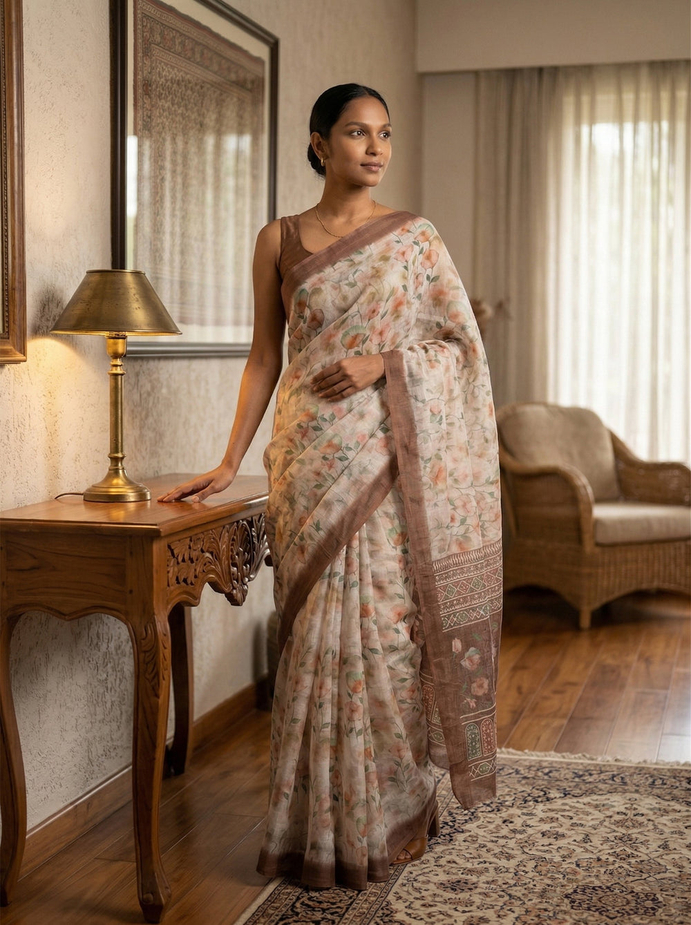 Woman in a floral saree standing in a room with a lamp and couch.