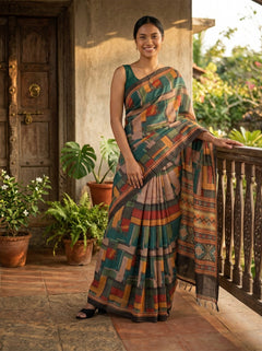 Chanderi Cotton Teal Abstract Geometric Saree