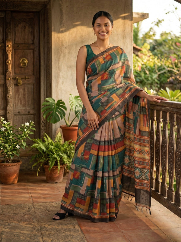 Chanderi Cotton Teal Abstract Geometric Saree