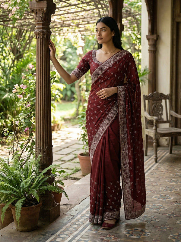 Woman in a maroon saree standing in a garden setting
