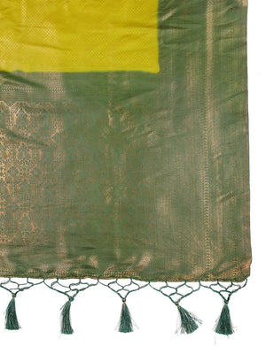 Yellow Green Color Golden Woven Designed Kubera Silk Saree With Bottle Green Border