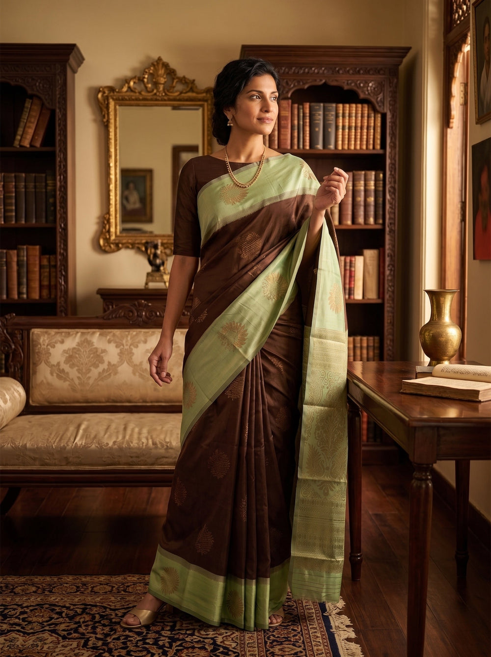 Semi Silk Brown and Sage Green Zari Woven Saree with Floral Butta