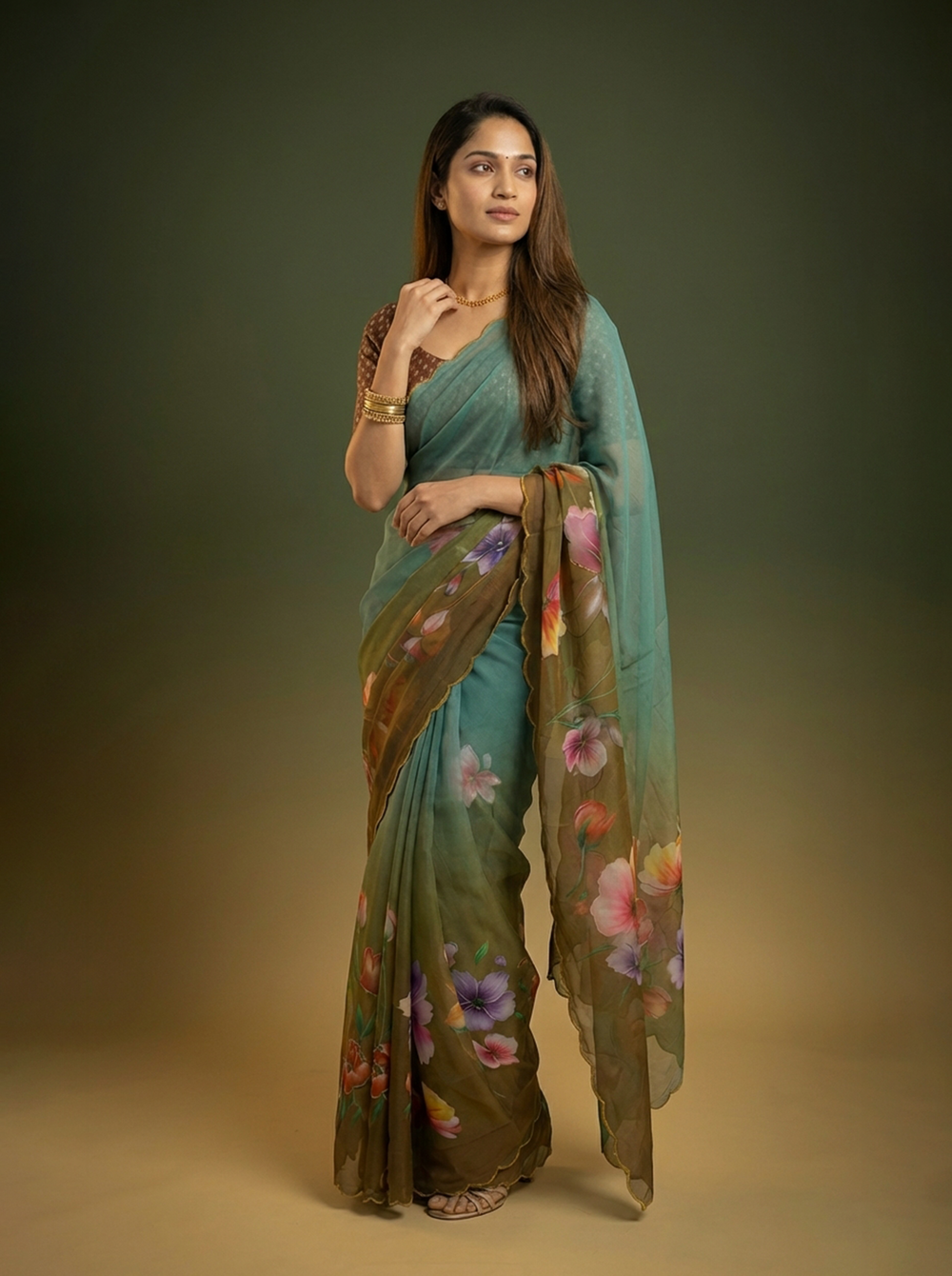 Chiffon Teal Brown Ombre Floral Printed Designer Saree