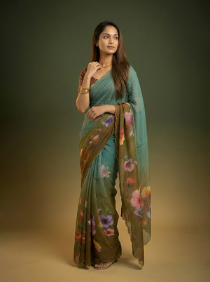 Chiffon Teal Brown Ombre Floral Printed Designer Saree