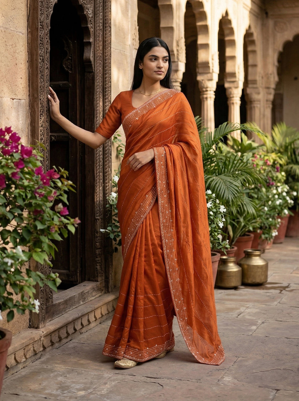Woman in an orange saree standing in a decorative outdoor setting with plants and architectural elements.