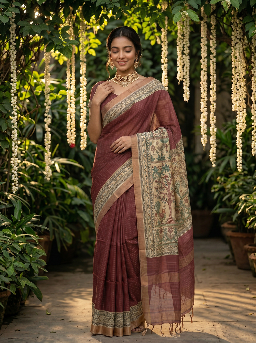 Woman in a traditional maroon saree with a floral pattern standing among greenery.
