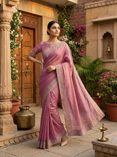 Woman in a pink saree standing in an outdoor setting with decorative elements.