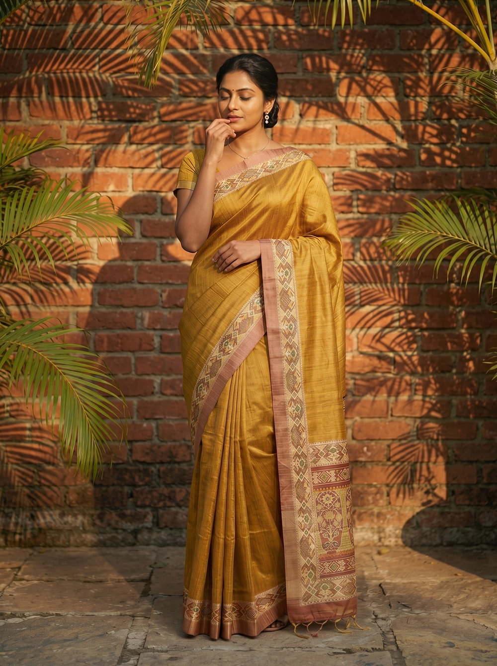 Semi Jute Mustard Yellow Ikat Border Saree