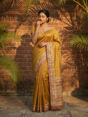 Semi Jute Mustard Yellow Ikat Border Saree
