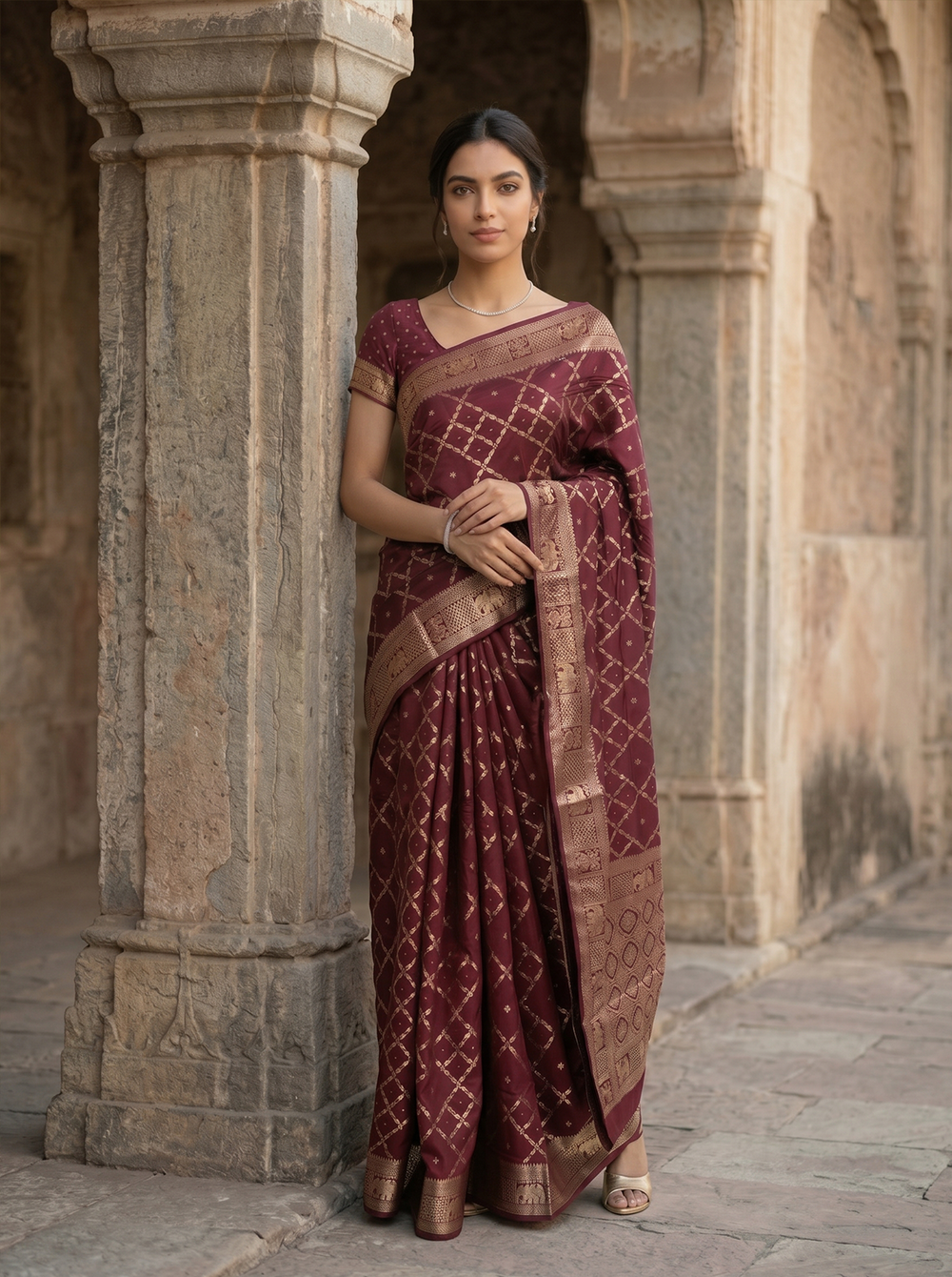 Woman in a maroon saree with gold patterns standing in an architectural setting.