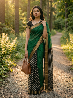 Chanderi Cotton Bottle Green Contrast Stripes Saree