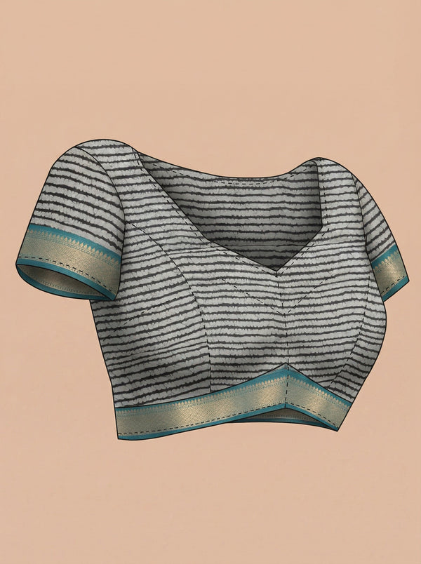 Chanderi Cotton Teal Blue And Black Striped Saree