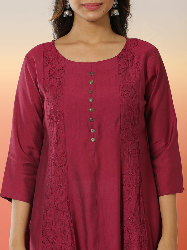 Wine Pink Color Patch Worked Embroidery Designed Cotton Blended Kurti Top
